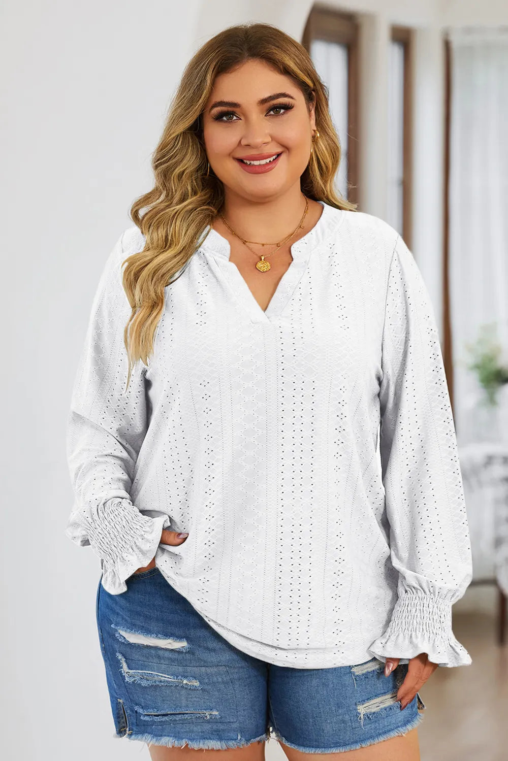 Plus Size Eyelet Notched Flounce Sleeve Blouse 