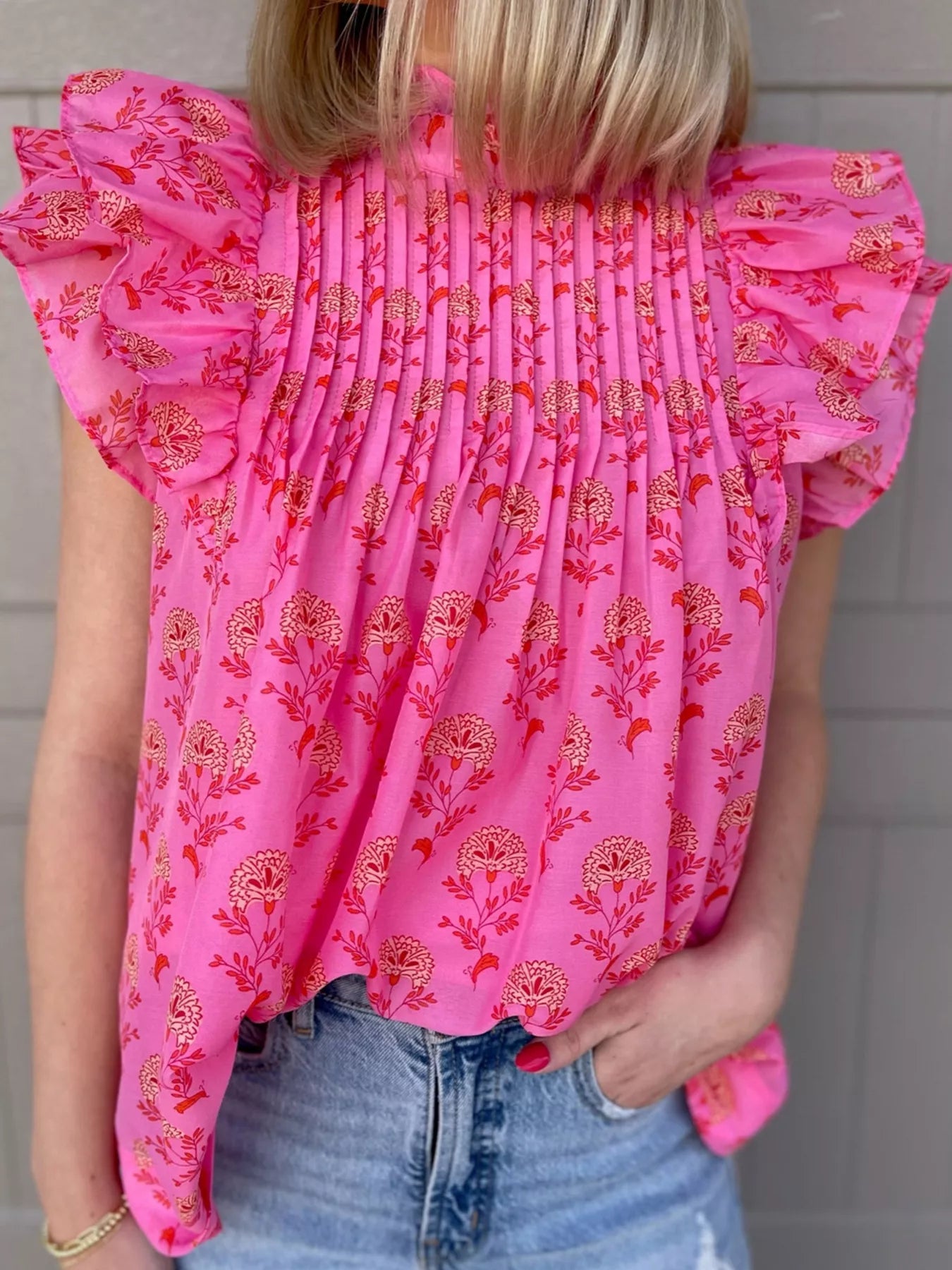 Floral Print Pleated Ruffled Flutter Sleeve Blouse 