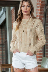 Full Size Openwork Cable-Knit Round Neck Knit Top 
