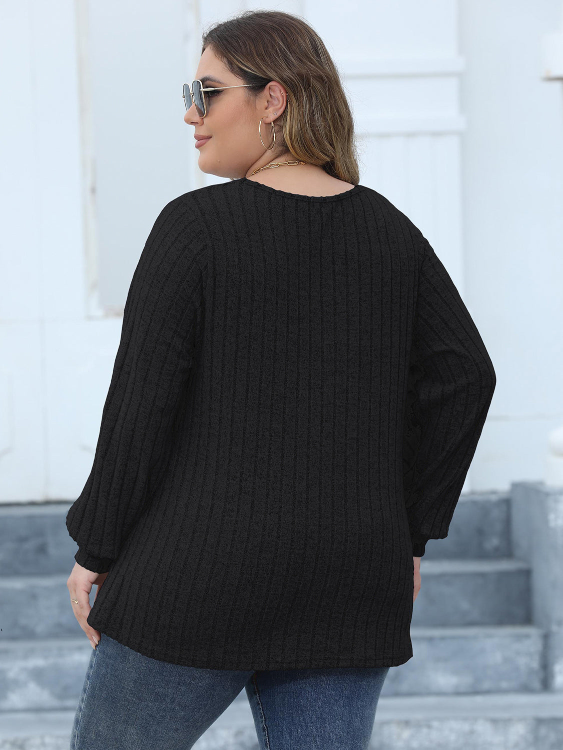 Plus Size Ribbed V-Neck Long Sleeve Top 