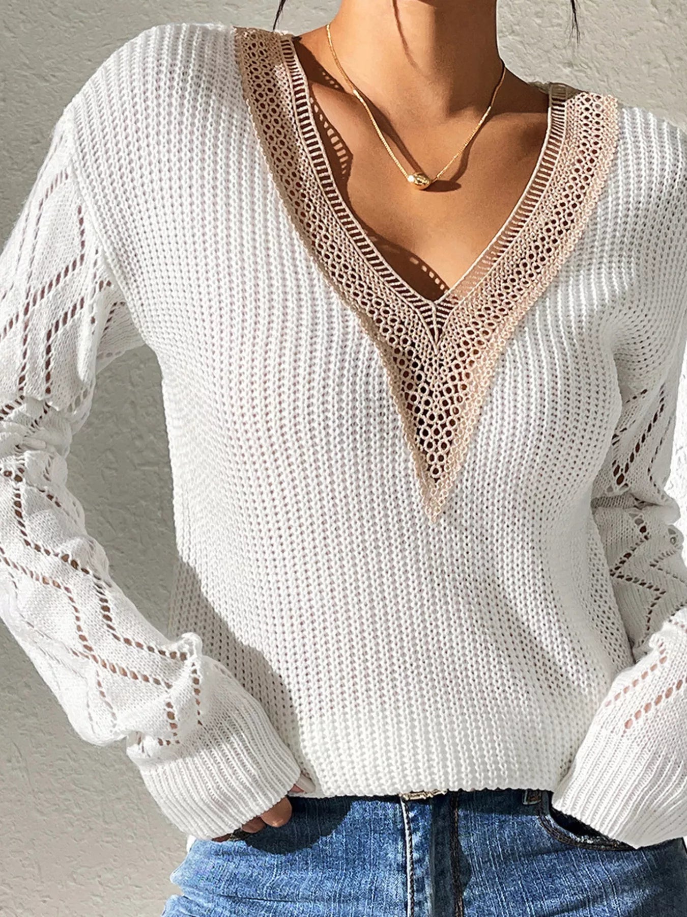 V-Neck Hollow Knit Sweater 