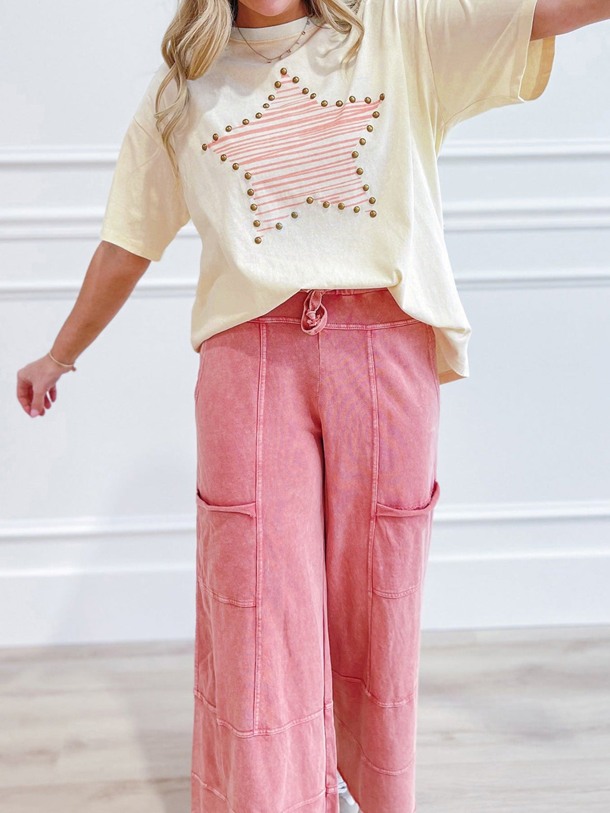 Star Print Stud Detail Cotton Jersey Top 