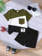 Children's Color Block Short Sleeve Top and Shorts Set 