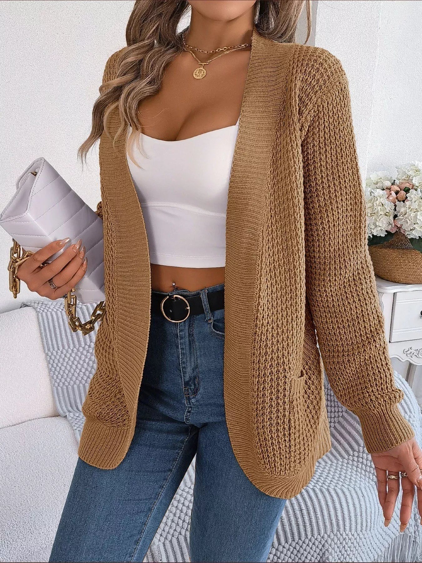 Chunky Knit Open Front Cardigan with Pockets 