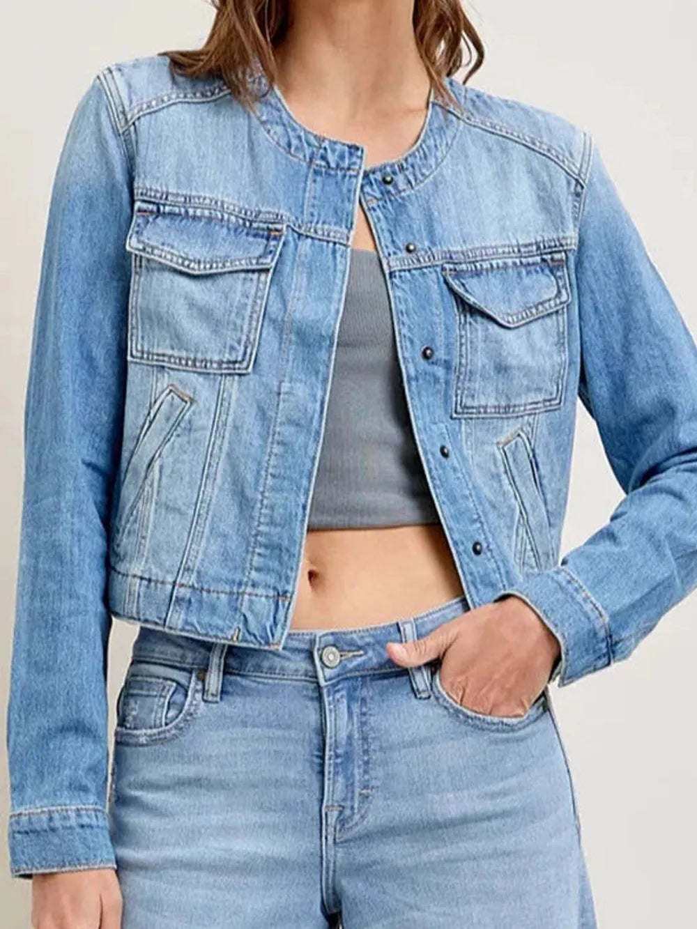Snap Down Dropped Cargo Denim Jacket 