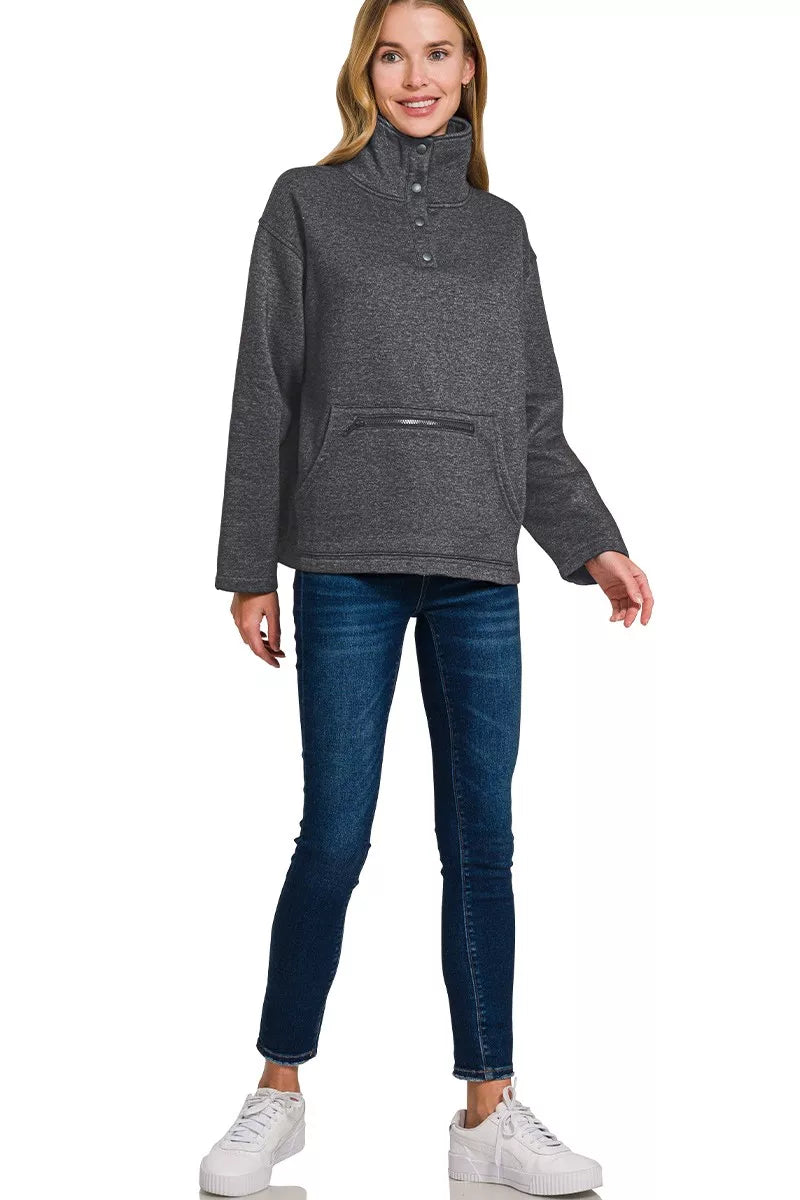 Zenana Fleece Washed High Neck Kangaroo Pocket Sweatshirt 
