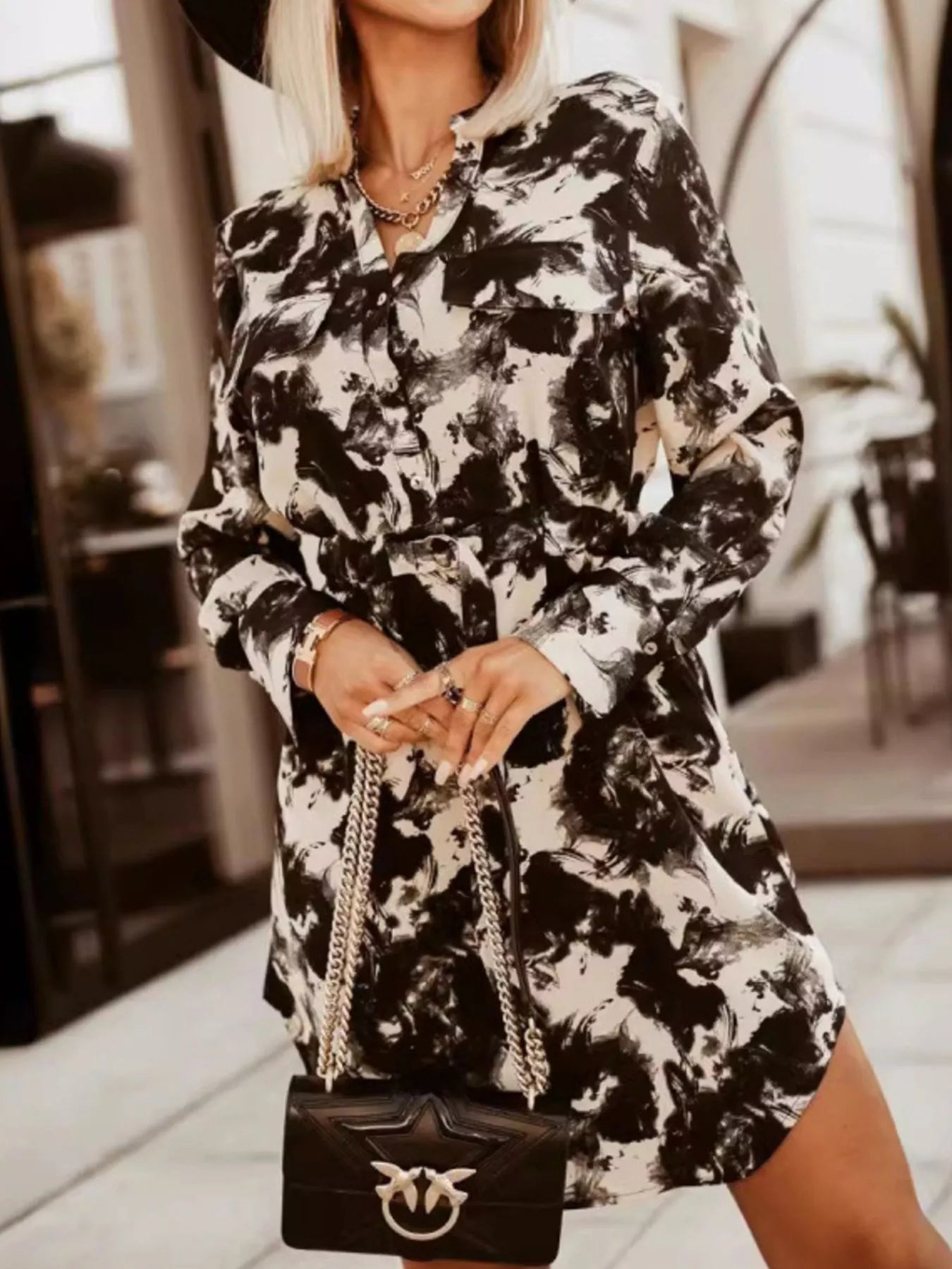 Printed Button Front Long Sleeve Dress 