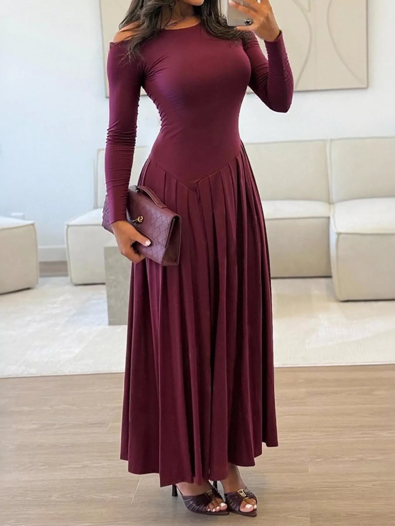 Ruched One Shoulder Long Sleeve Dress 
