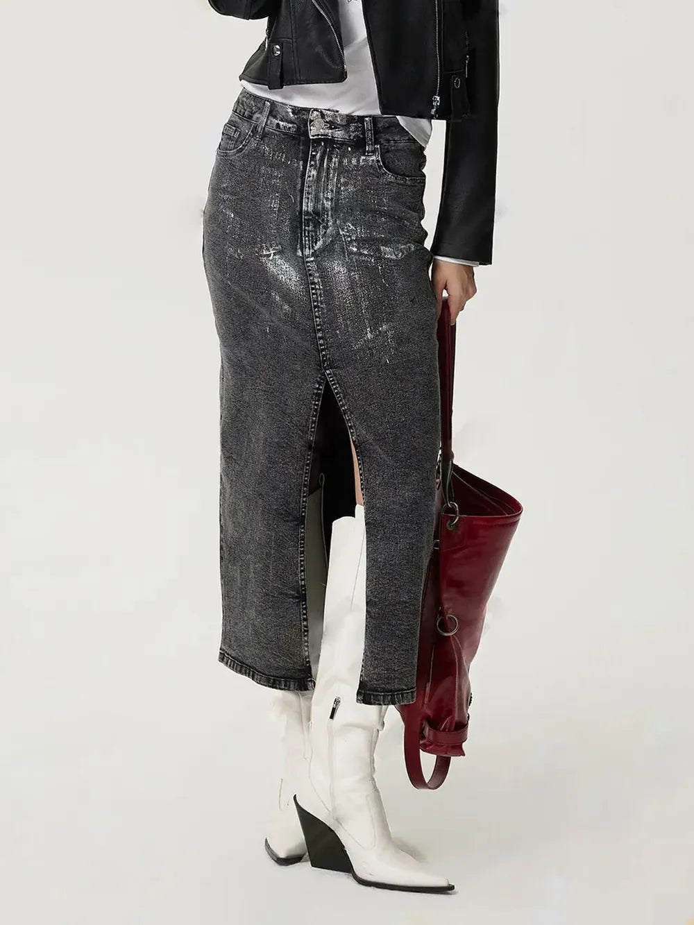 Slit Midi Denim Skirt with Pockets 