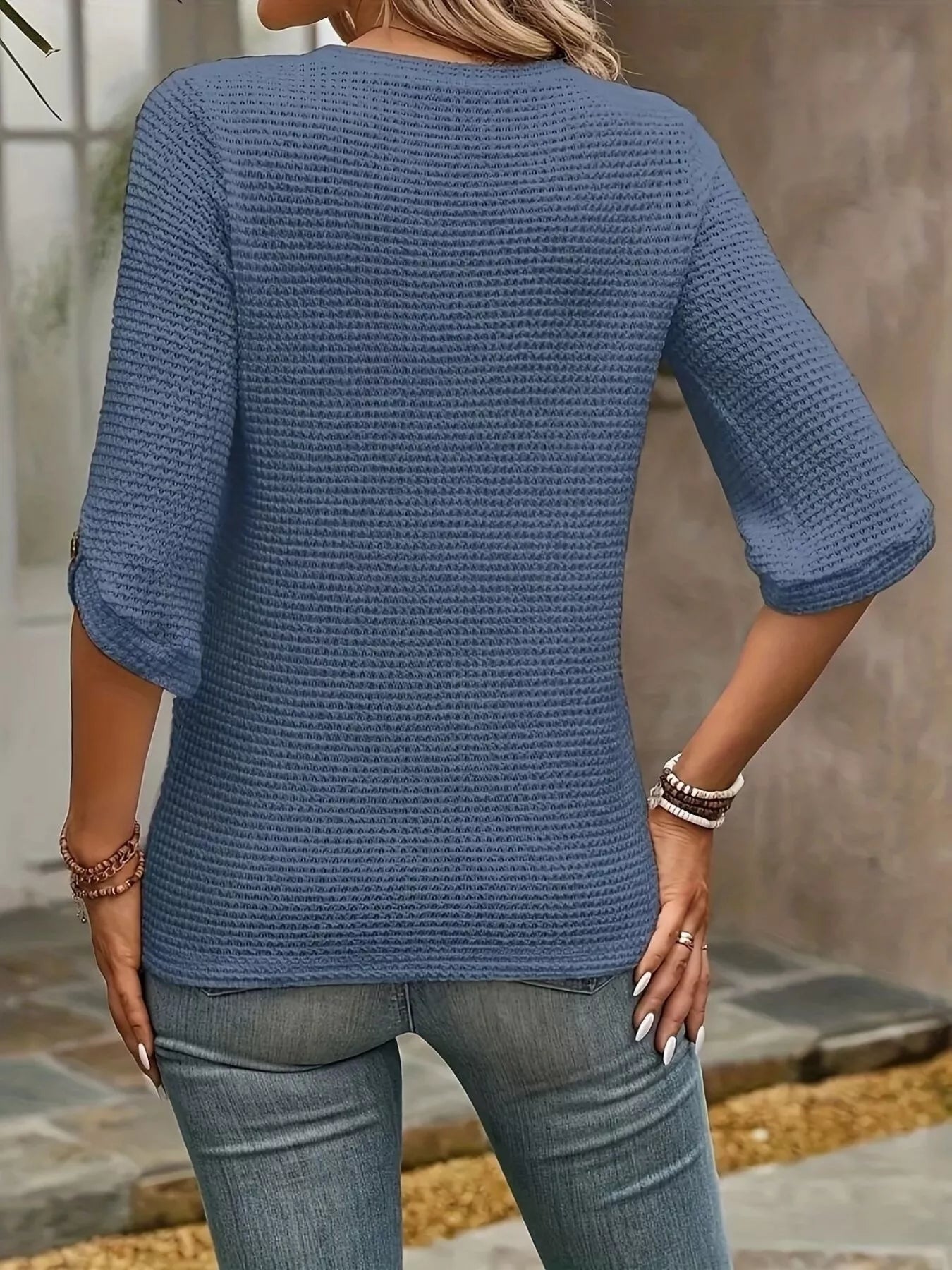Textured Waffle Knit Three-Quarter Sleeve T-Shirt 