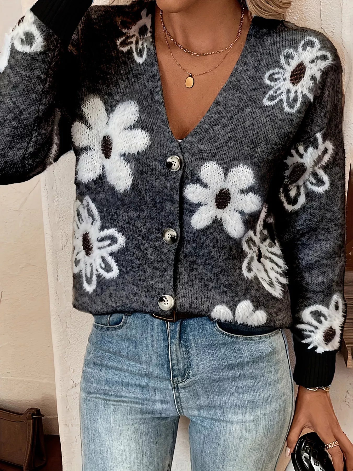 Floral Print Button-Up Knit Cardigan 