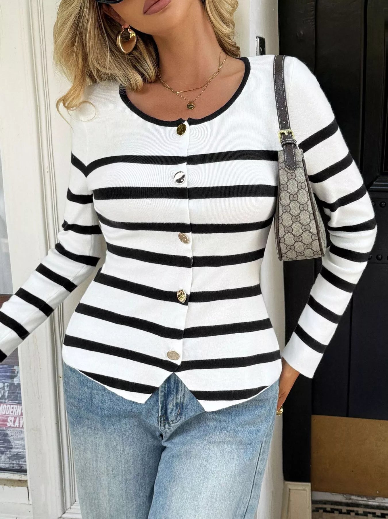 Striped Button-Up Knit Cardigan 