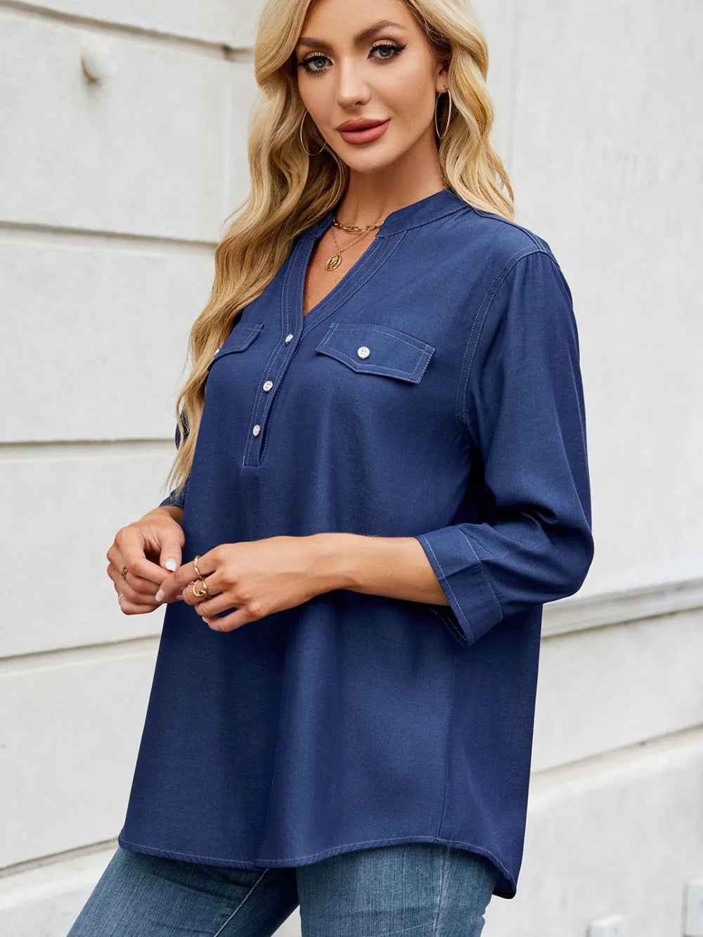 Notched Three-Quarter Sleeve Denim Top 
