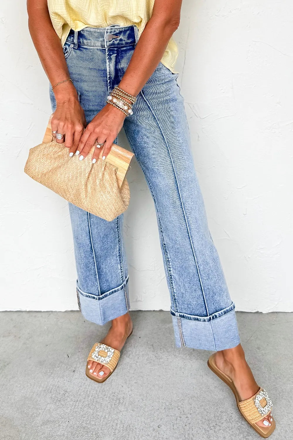 High-Waisted Wide-Leg Cuffed Jeans 