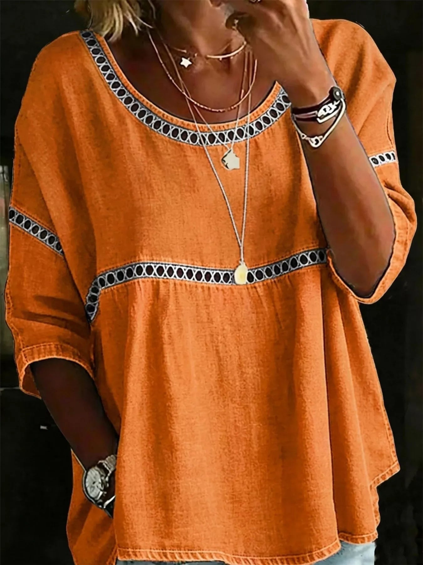Full Size Hollow Out Round Neck Top Plus Size 