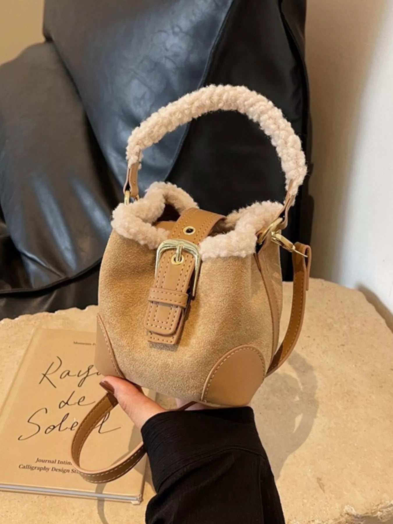Fuzzy Trim Bucket Crossbody Bag 