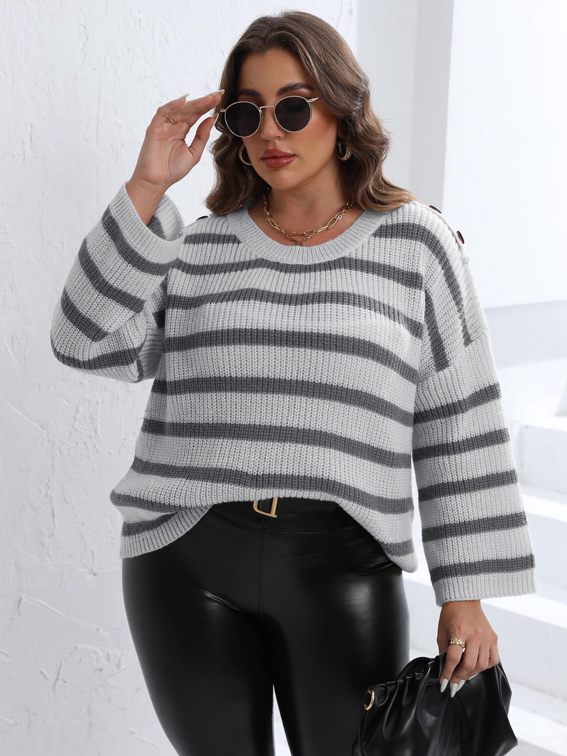 Plus Size Striped Dropped Shoulder Sweater 