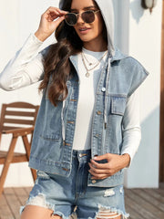 Drawstring Button Up Sleeveless Denim Jacket 