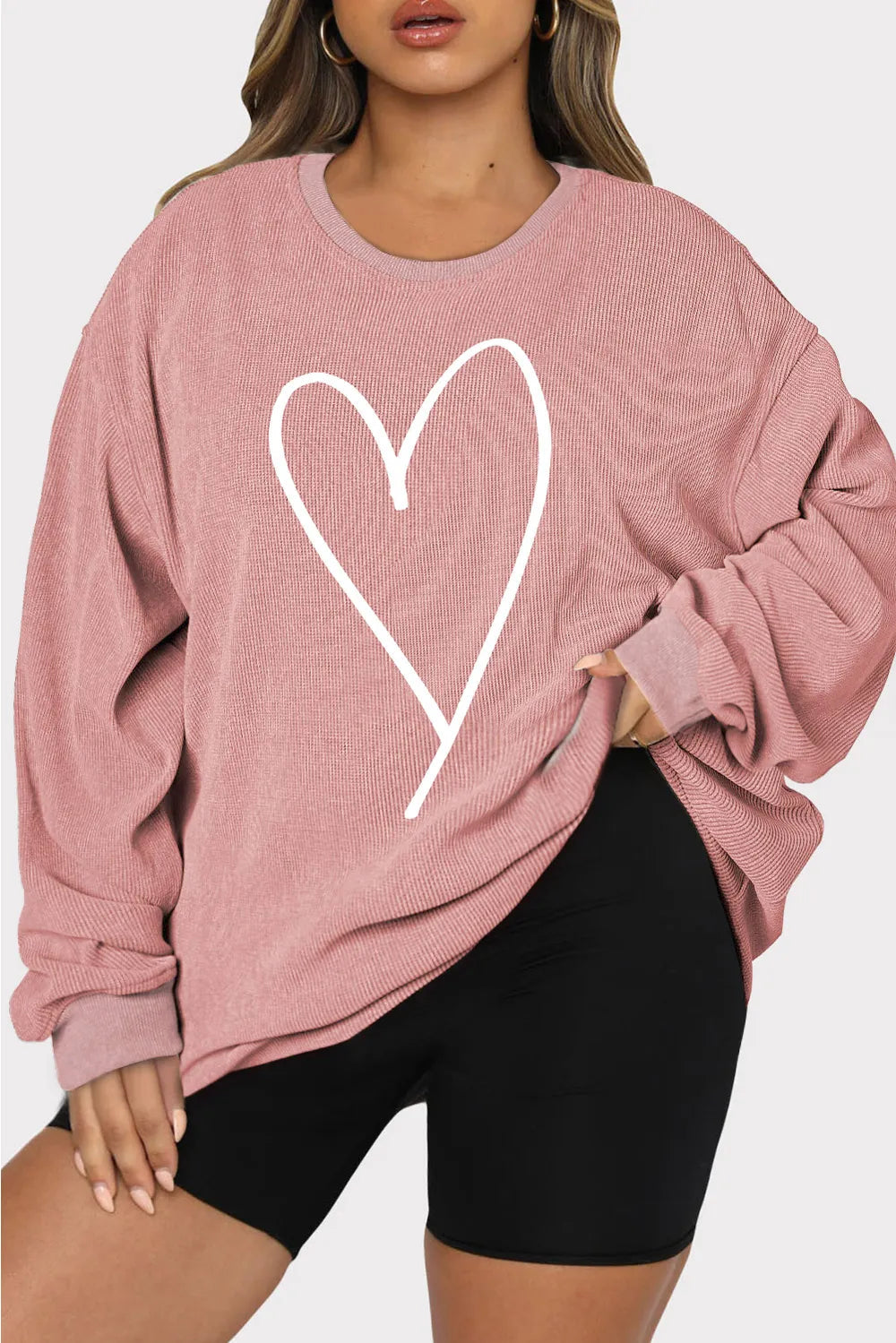 Plus Size Heart Ribbed Round Neck Sweatshirt 