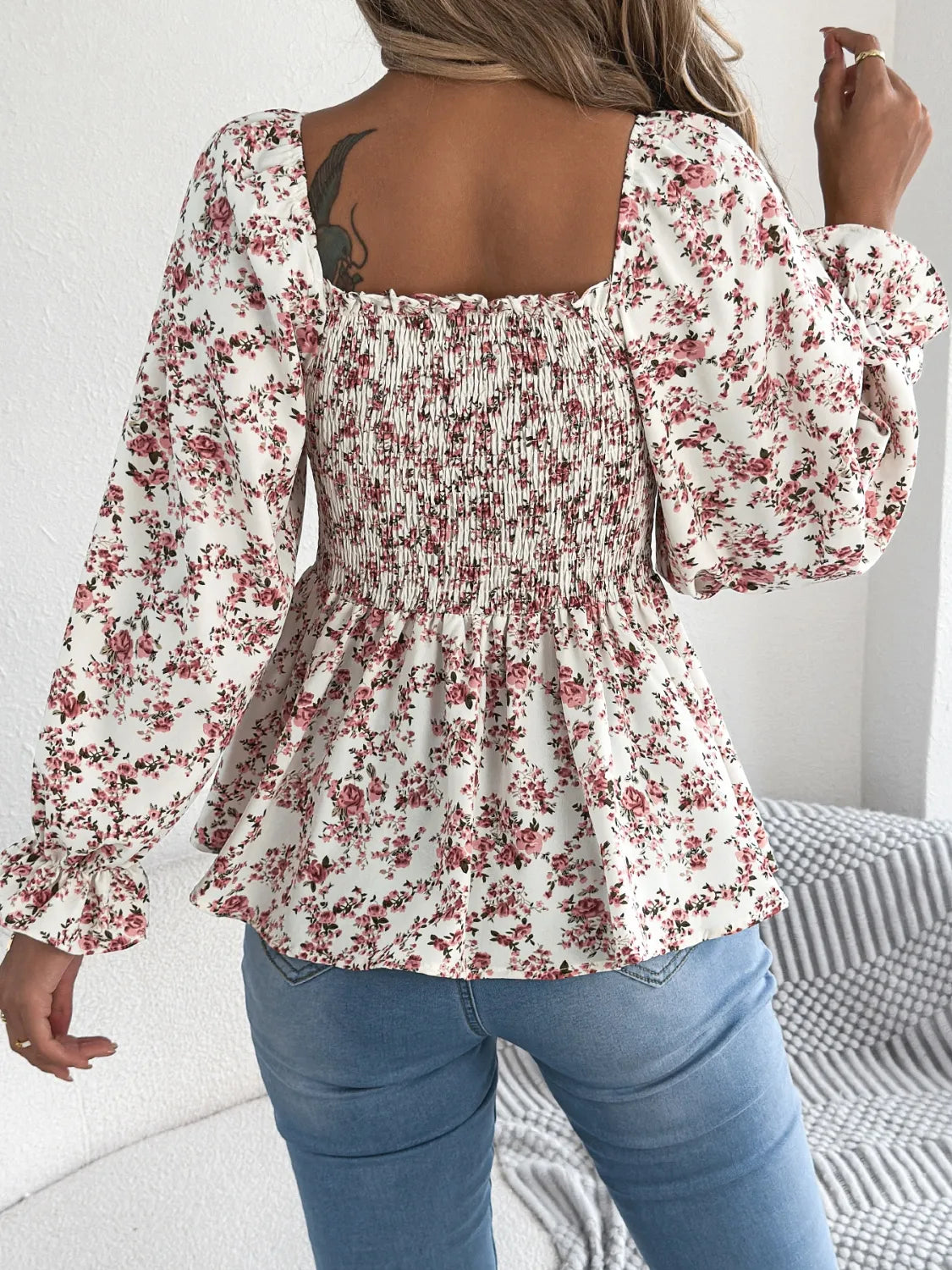 Floral Square Neck Flounce Sleeve Blouse 