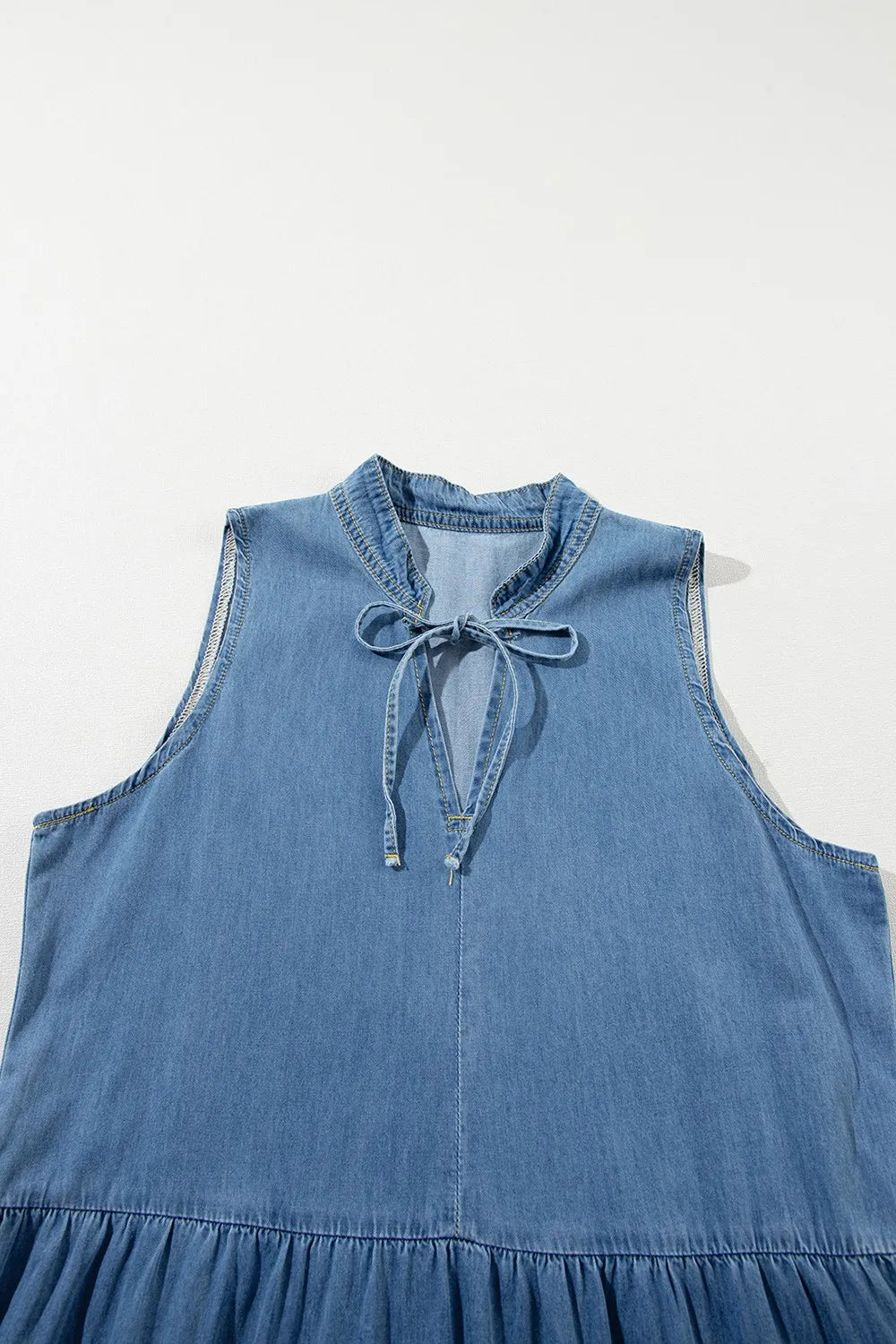 Tie Neck Tiered Maxi Denim Dress 