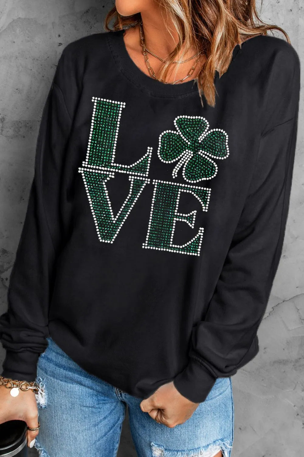 LOVE Rhinestone Clover Round Neck Sweatshirt 
