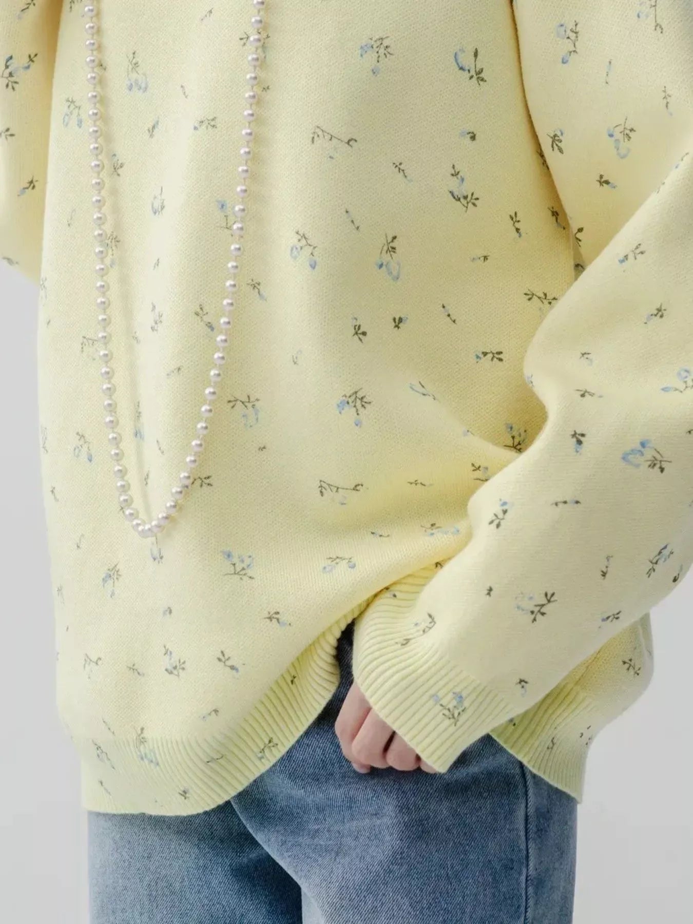 Ribbed Hem Floral Long Sleeve Sweater 