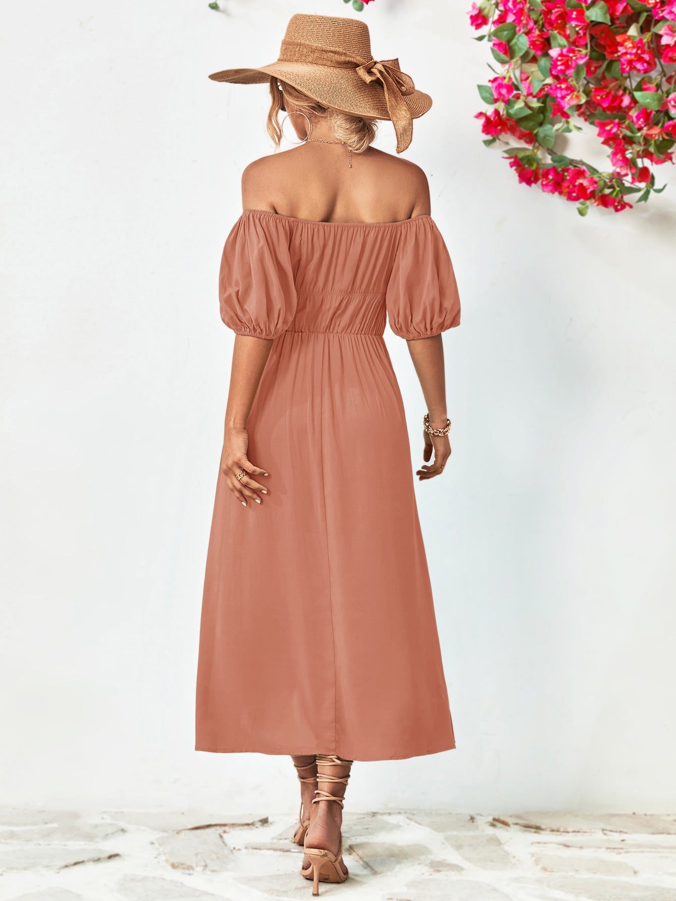 Off-Shoulder Balloon Sleeve Midi Dress 