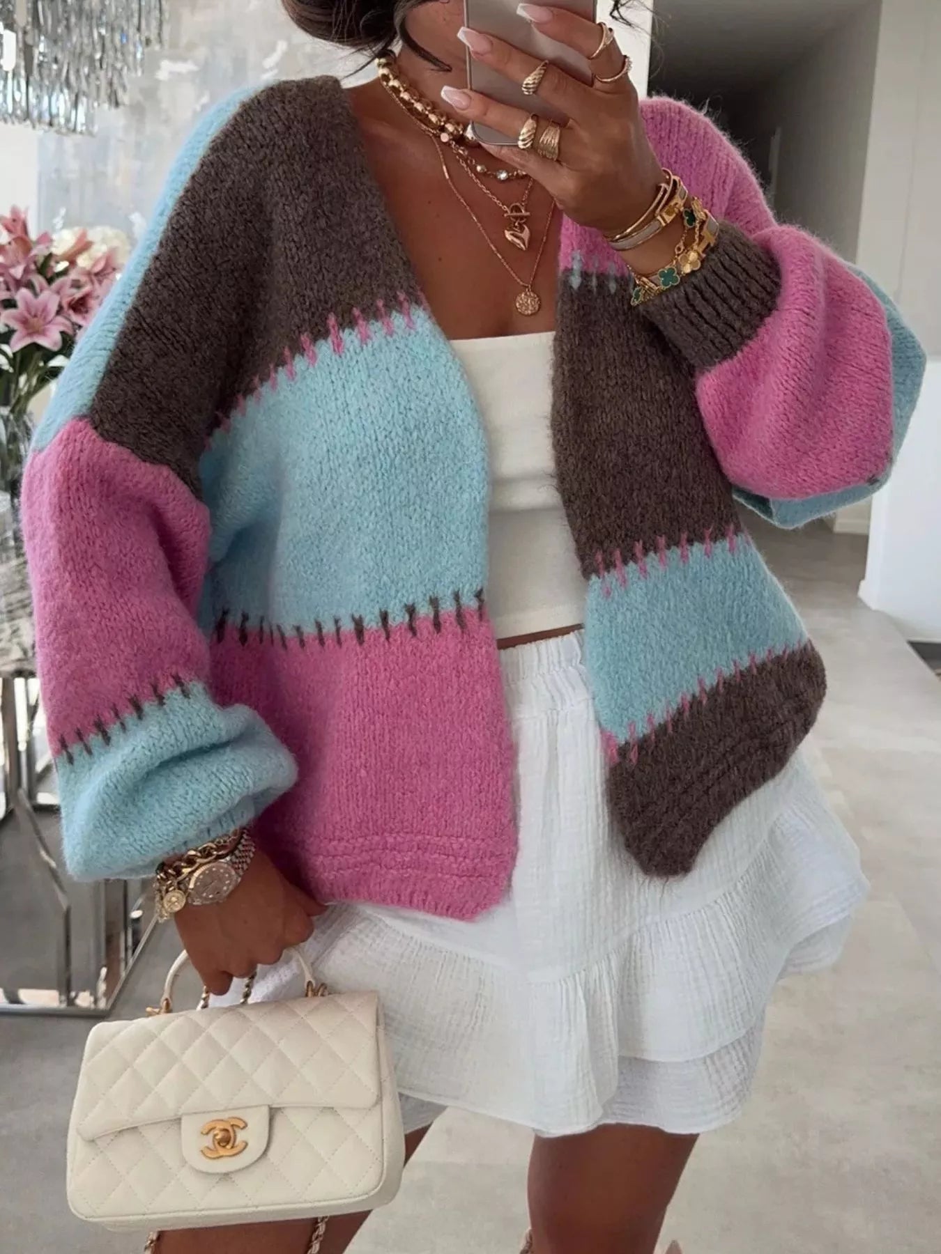 Color Block Open Front Cardigan 