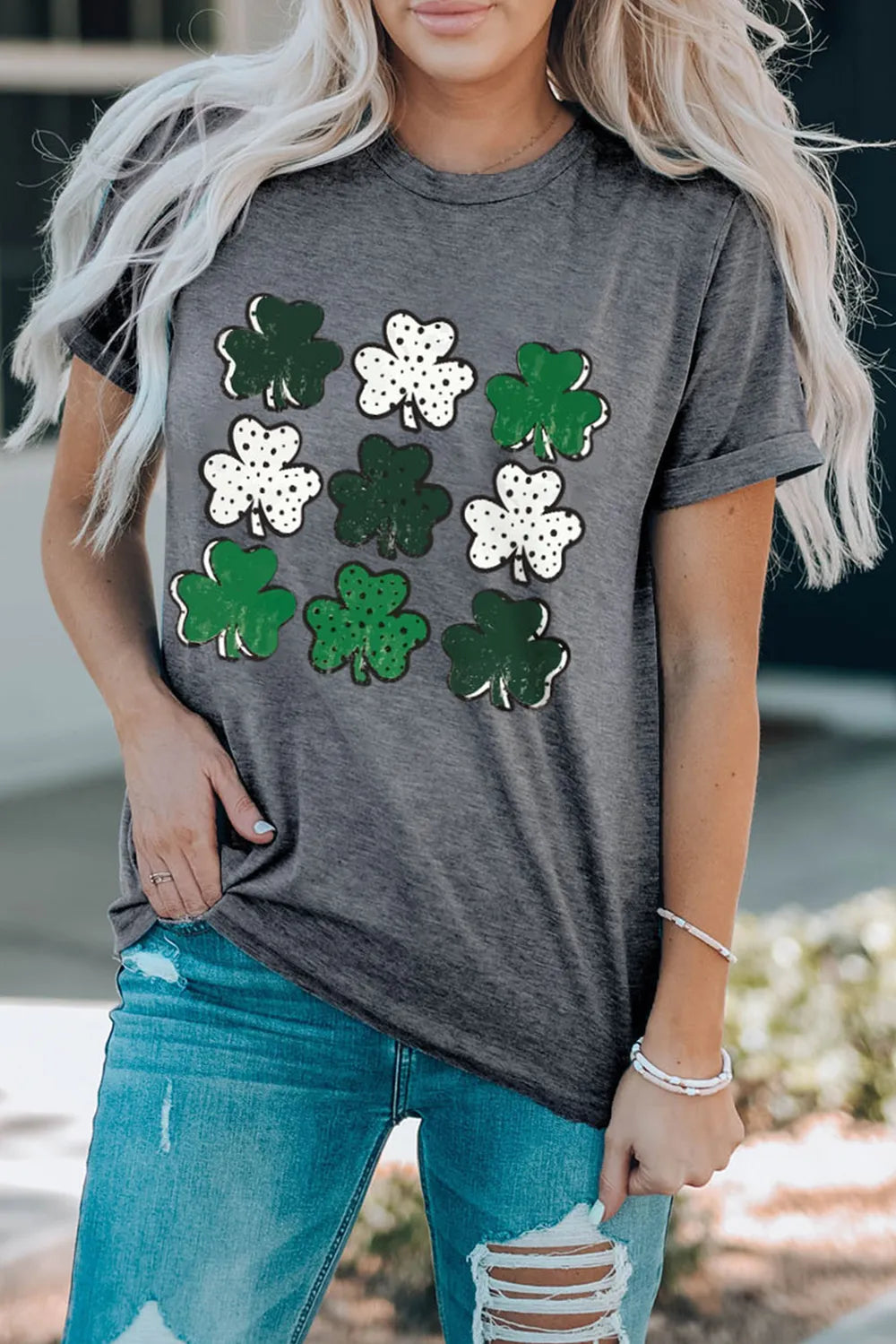 Lucky Clover Round Neck Short Sleeve T-Shirt 