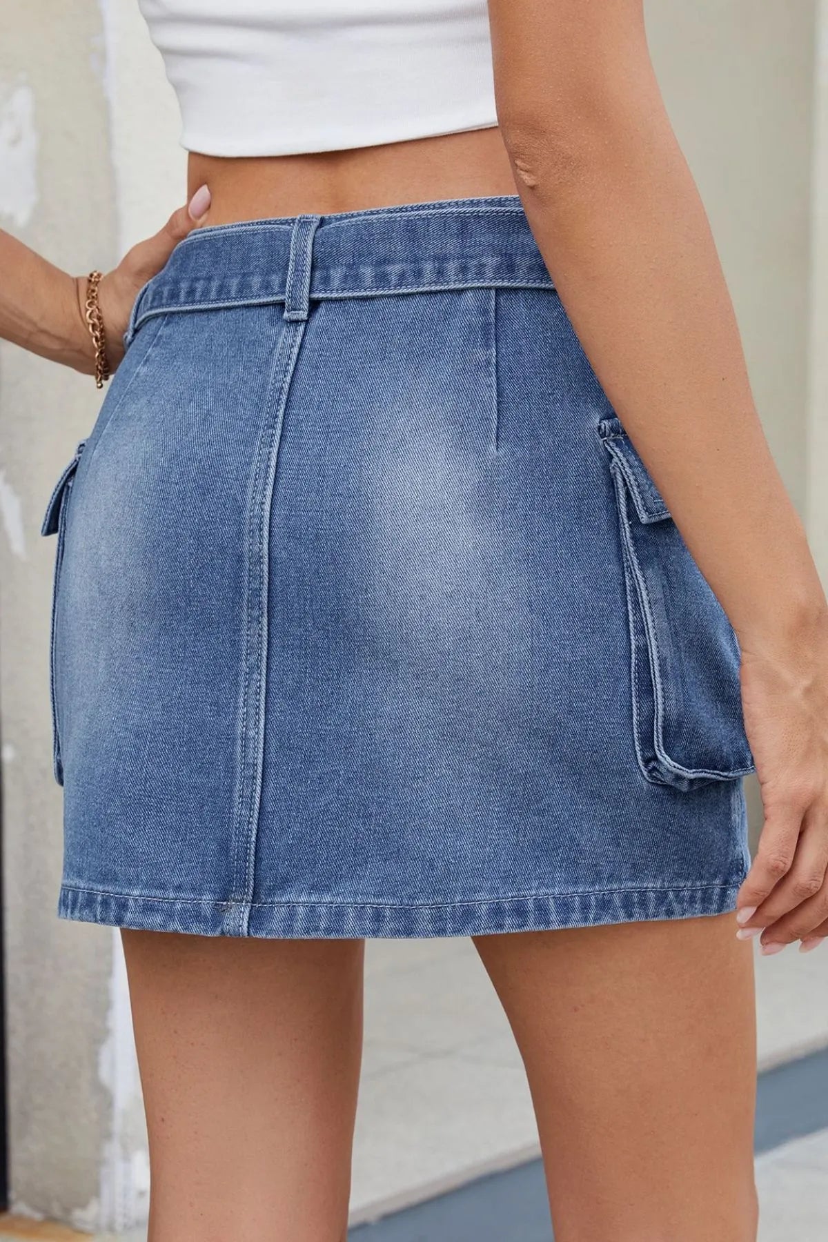 Criss-Cross Waist Detail Denim Mini Skirt 