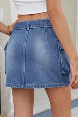 Criss-Cross Waist Detail Denim Mini Skirt 