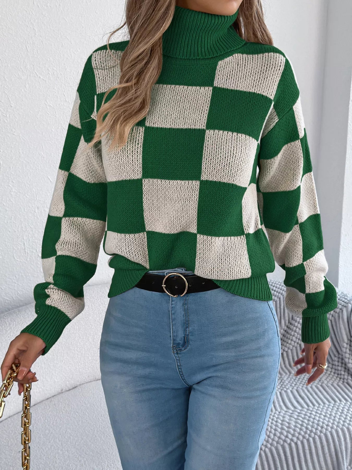 Checkered Turtleneck Long Sleeve Sweater 