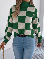 Checkered Turtleneck Long Sleeve Sweater 