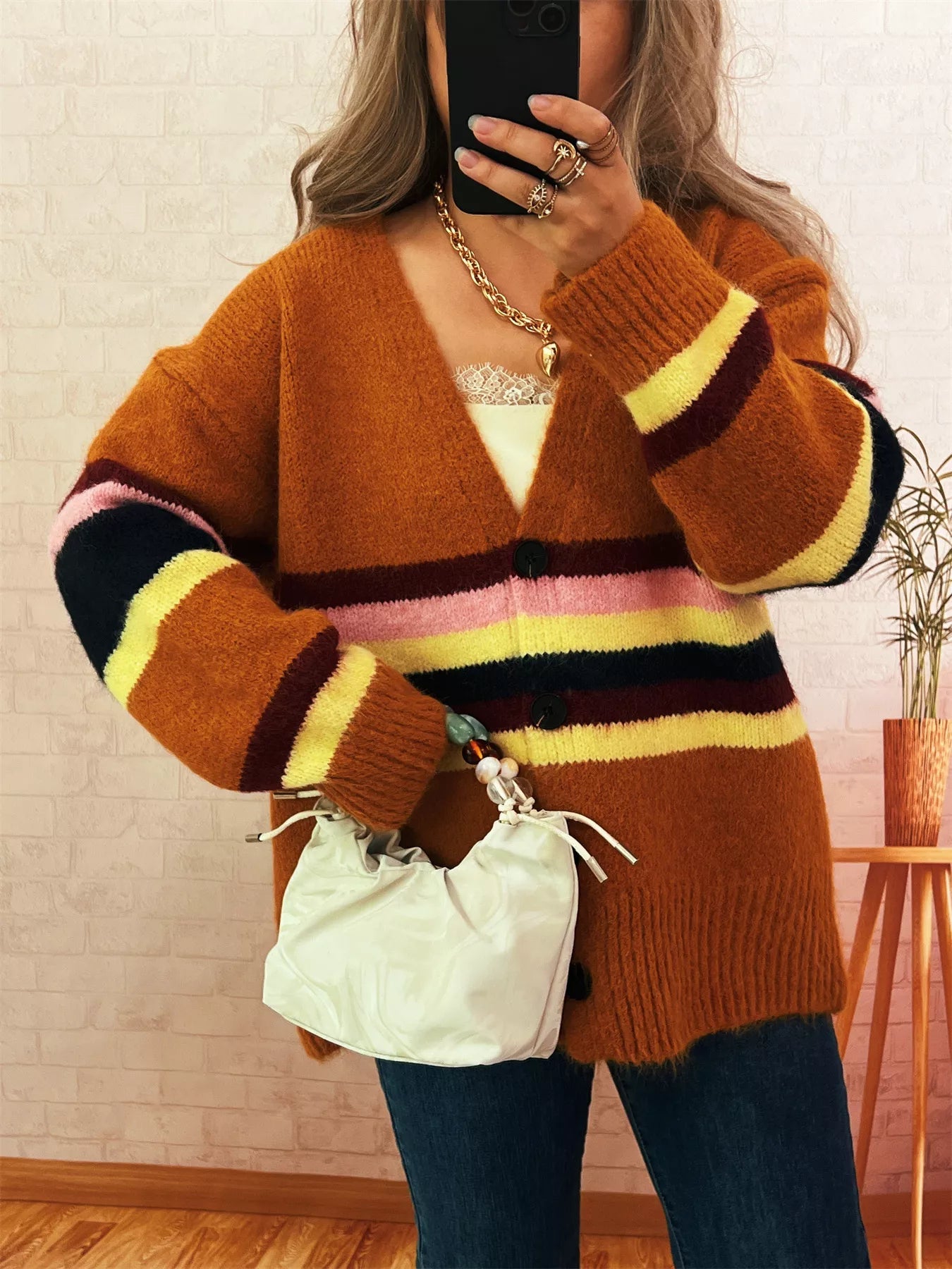 Ribbed Striped Button Down Cardigan 