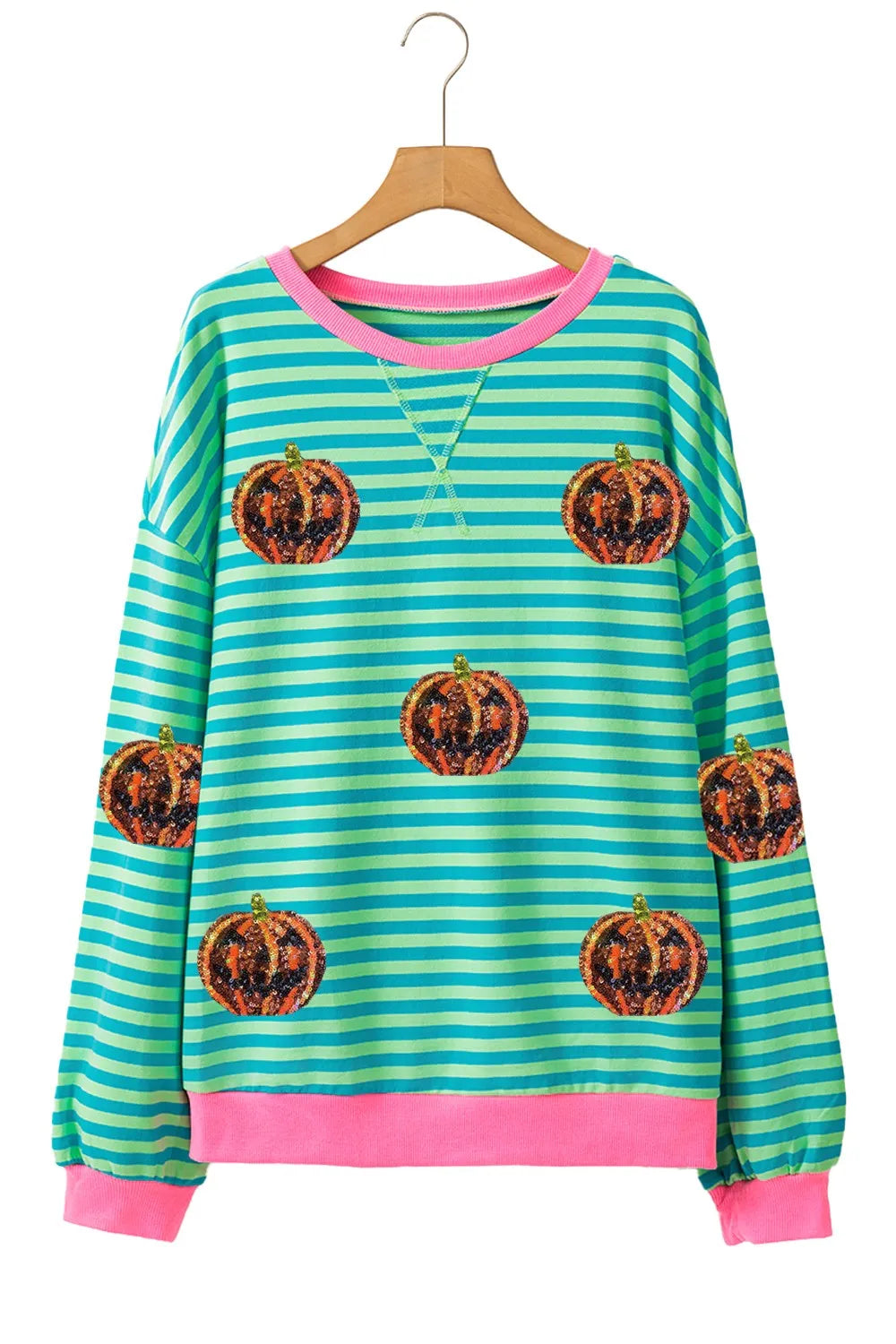 Pumpkin Striped Round Neck Long Sleeve Sweatshirt 