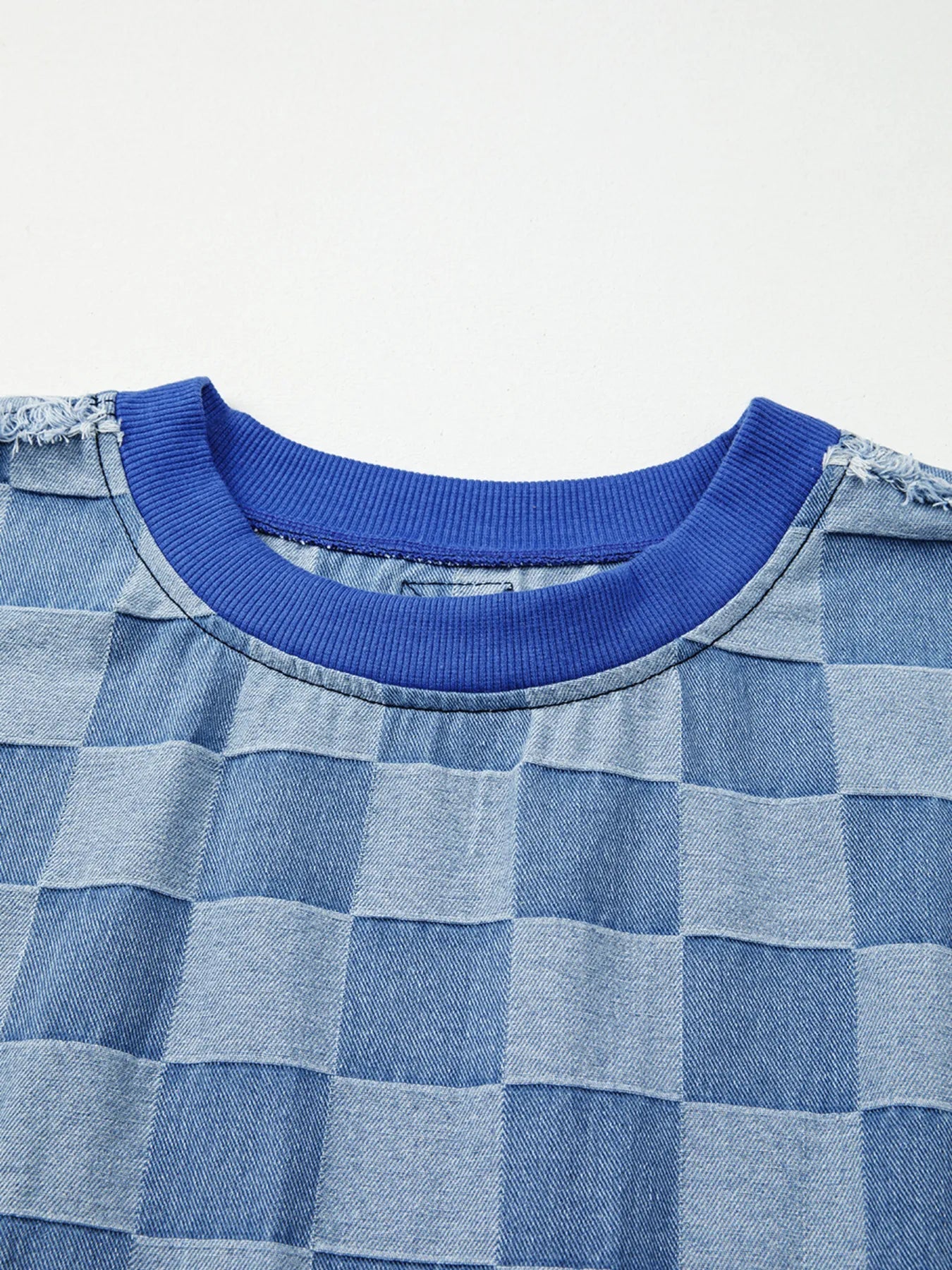 Checkerboard Splicing Raw Detail Oversized Denim Top 