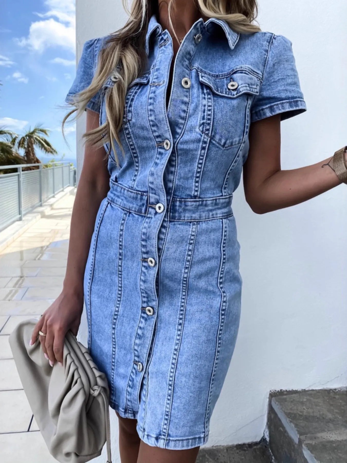 Button Front Short Sleeve Denim Dress 