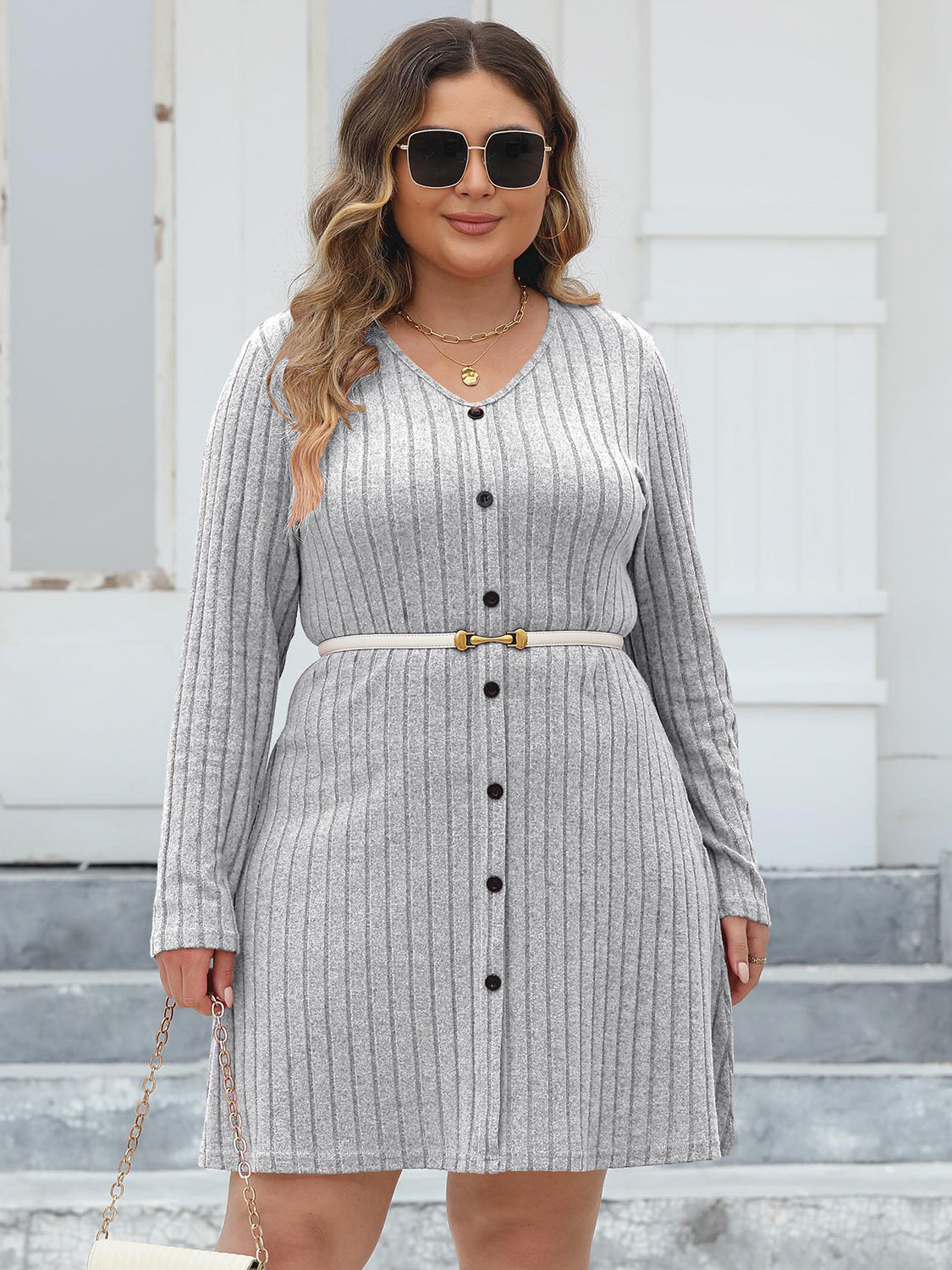 Plus Size Ribbed Buttoned V-Neck Long Sleeve Dress 