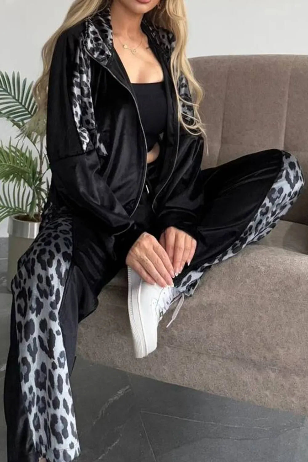 Full Size Collared Neck Leopard Zip Up Top and Pants Set Plus Size 