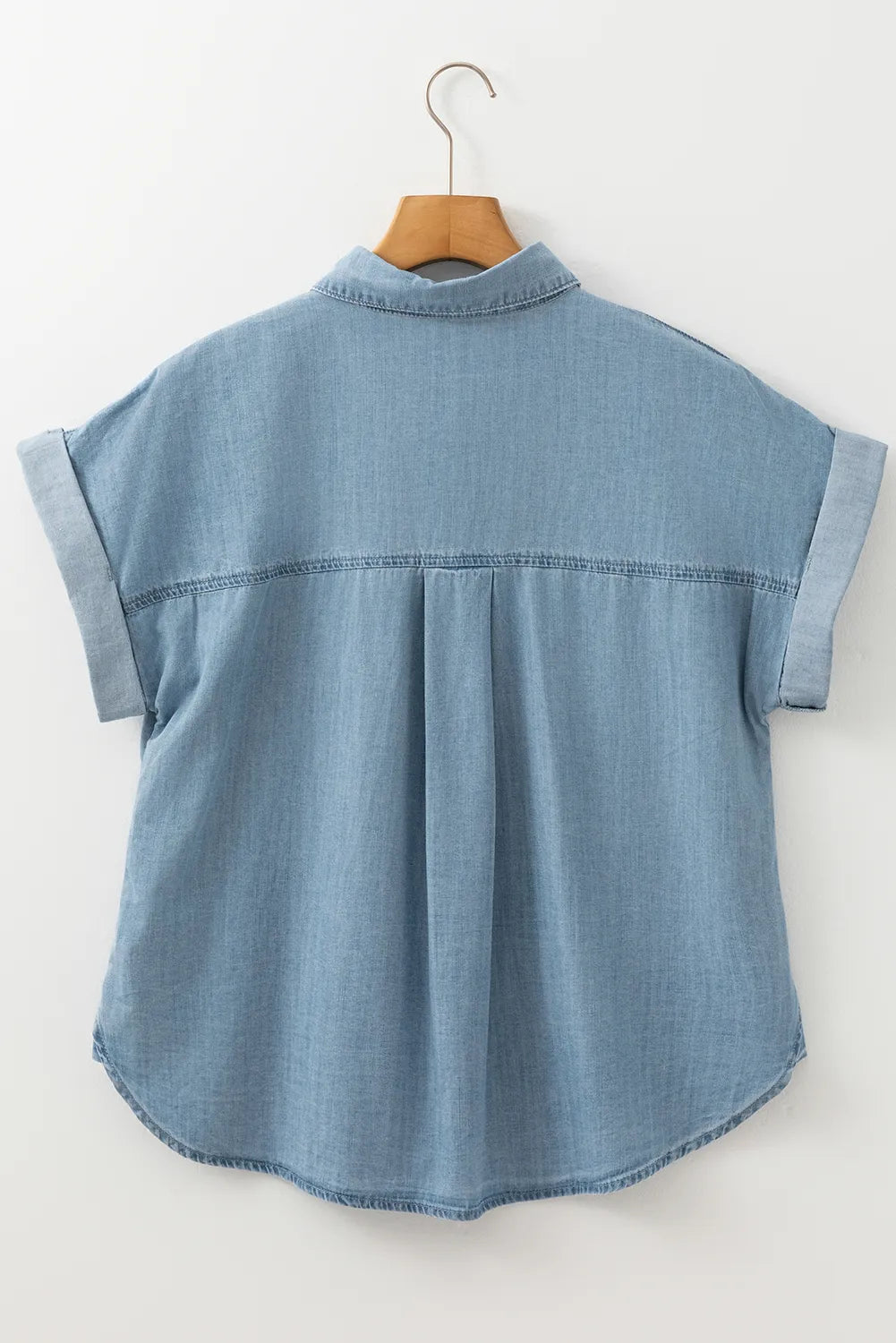 Folded Short Sleeve Patched Pocket Denim Shirt 