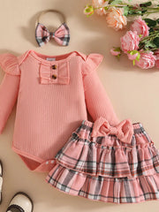 Children's Ruffled Ribbed Bodysuit and Skirt Set with Headband 
