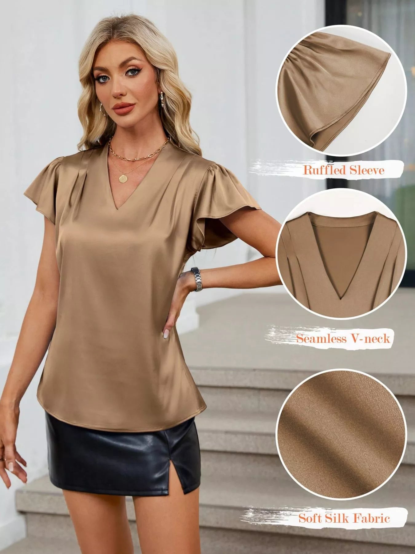Satin V-Neck Flutter Sleeve Blouse 