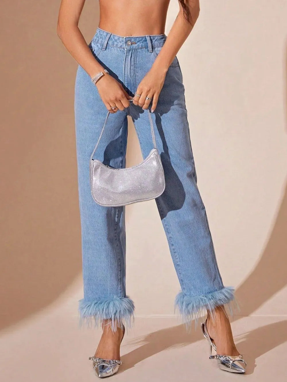 Plush Hem High Rise Straight Jeans 