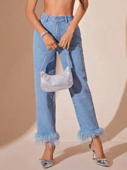 Plush Hem High Rise Straight Jeans 