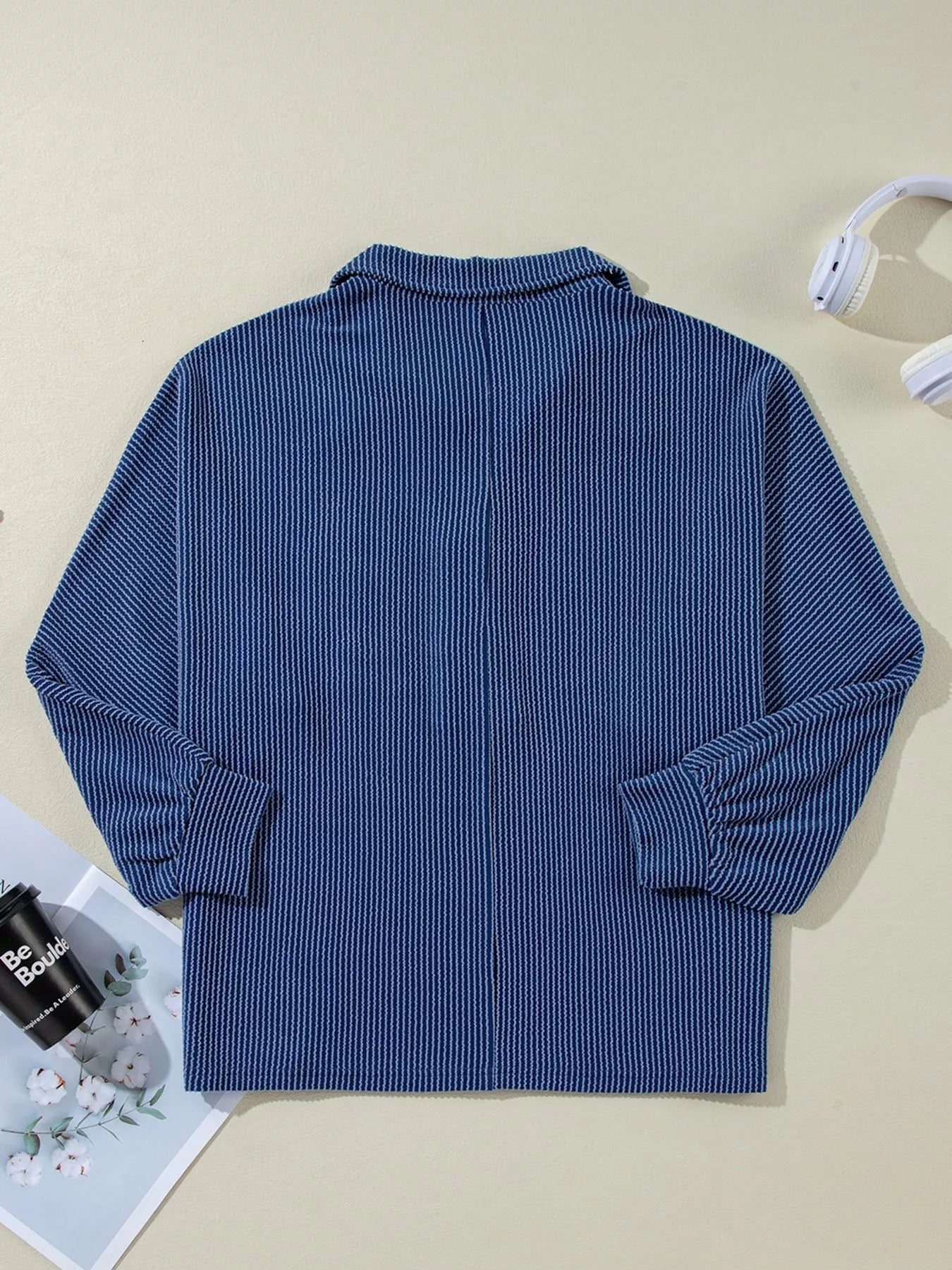 Oversized Twist Ribbed Collared Henley Top with Roll Up Sleeve 
