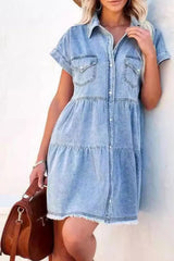 Raw Hem Button Down Denim Mini Dress 