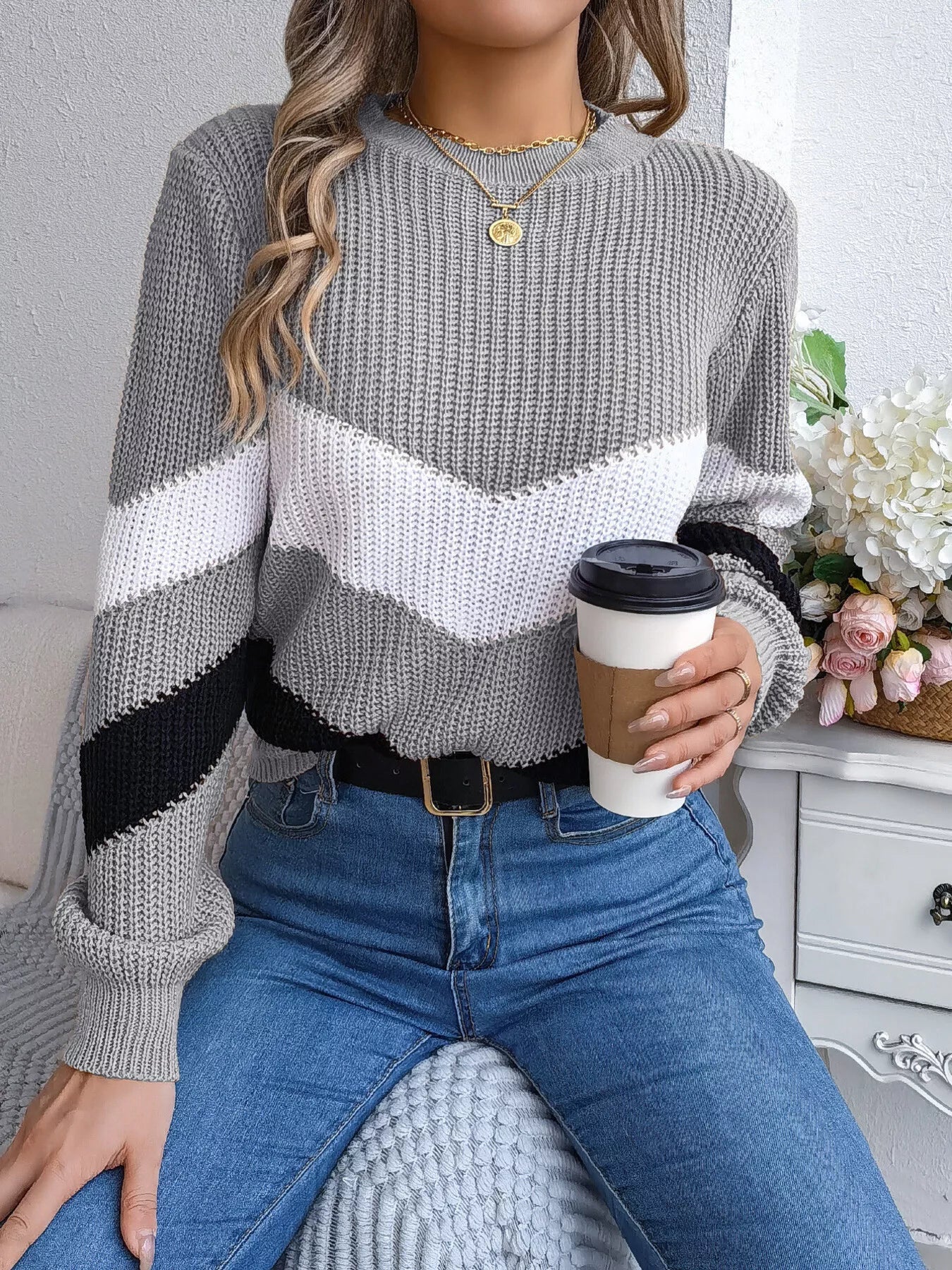 Chevron Stripe Color Block Round Neck Sweater 