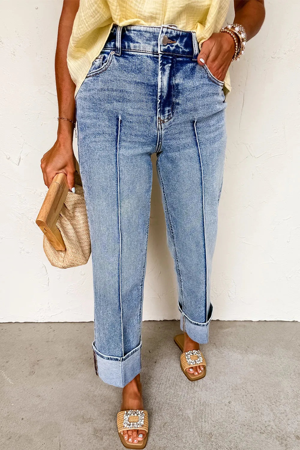 High-Waisted Wide-Leg Cuffed Jeans 