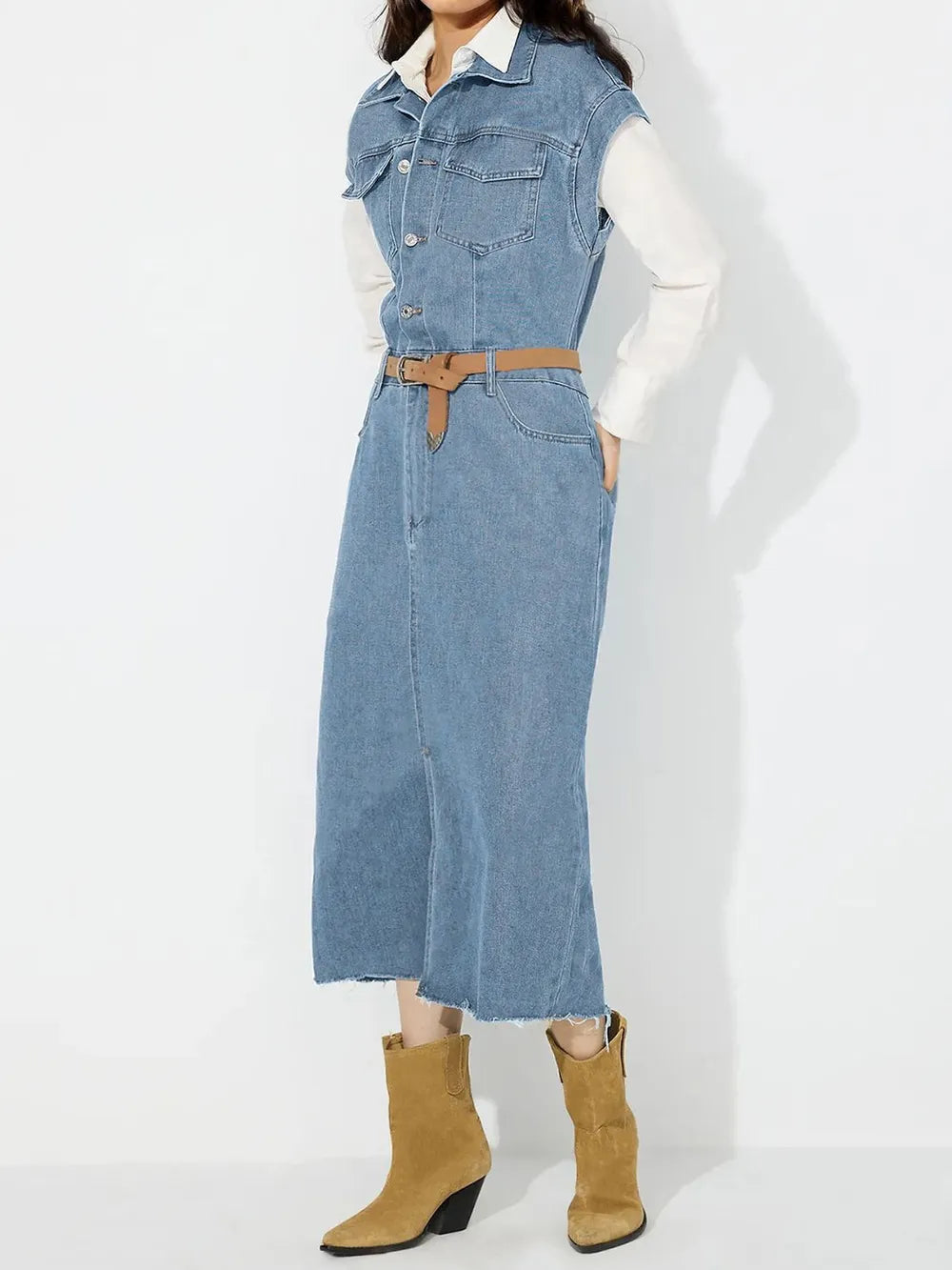 Slit Half Button Collared Neck Cap Sleeve Denim Dress 